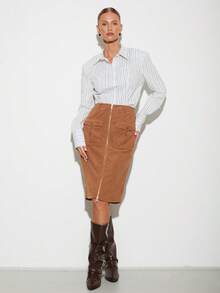 Almamuse Elegant Casual Vacation Camel Corduroy Front Zipper Skirt, Spring/Autumn - Camel - View 3