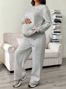 SHEIN 2件套孕妇休闲运动衫和运动裤套装，秋冬 - 灰色 - 查看 4