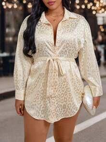 EMERY ROSE Plus Size Women's Champagne Leopard Print Shirt,Autumn Elegant Long Sleeve Drop Shoulder Tie Waist Top,Casual Loungewear For Night Out Club - Apricot - View 6