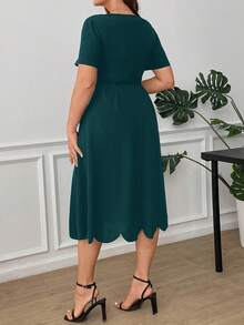 Ellevyn Plus Size Elegant Women Dress With Square Neckline And Shell Trim, Solid Color - Dark Green - View 2