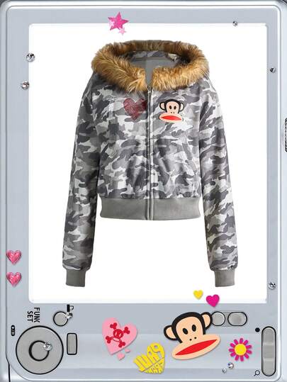 Paul Frank X ROMWE Y2K Kpop Subculture Baddie Collab Logo Rhinestone Camo Allover Print Distressed Hoodie