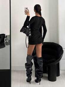 StreetHx 女式黑色深 V 领性感低胸紧身纯色简约高腰褶边长袖连衣裙，秋冬 - 黑色 - 查看 2