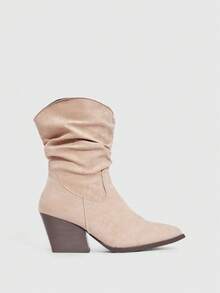 Daringsoles Women's Round Toe Comfortable Chunky Heel Short Boots, Wrinkled Texture, Versatile - Beige - View 2