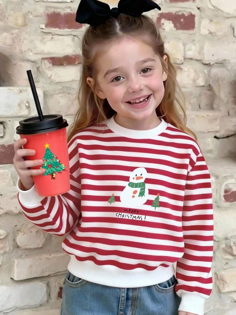 Young Girls Christmas Print Crew Neck Long Sleeve Sweatshirt - Multicolor - View 1