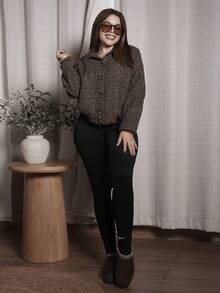 Lupita Cardoza New Autumn/Winter Woven Turndown Collar Plaid Elegant Long Sleeve Casual Fitted Buttoned Design Women Jacket Coat,Autumn,Minimalist,Business Casual,Holiday Outfits,Work Wear,Teacher Outfits,Back To School,Fall,Old Money Style - Brown - View 6