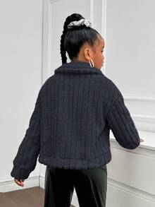 SHEIN 青少年女孩休闲双面羊毛纯色翻领长袖夹克 - 深灰色 - 查看 2