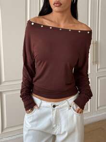 SHEIN EZwear Women's Autumn/Winter Oblique Shoulder Button Loose Waist T-Shirt - Brown - View 3