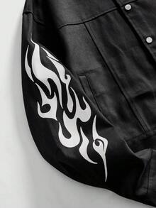 ROMWE MEN Street Life Men's Flame Pattern Long Sleeve Single-Breasted Casual Loose Jacket - Black - View 4