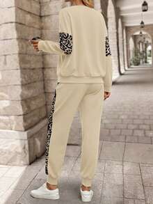 EMERY ROSE Women's Long Sleeve Leopard Print Patchwork Sweatshirt And Long Sweatpants Winter Sets Two Pieces Set Women - Apricot - View 2