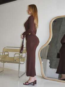 Arliah Elegant Women Long Sleeve Dress With Metal Decoration, Daily Casual / Date / Outing / Nightclub Party / Gathering Outfit - Coffee Brown - View 4