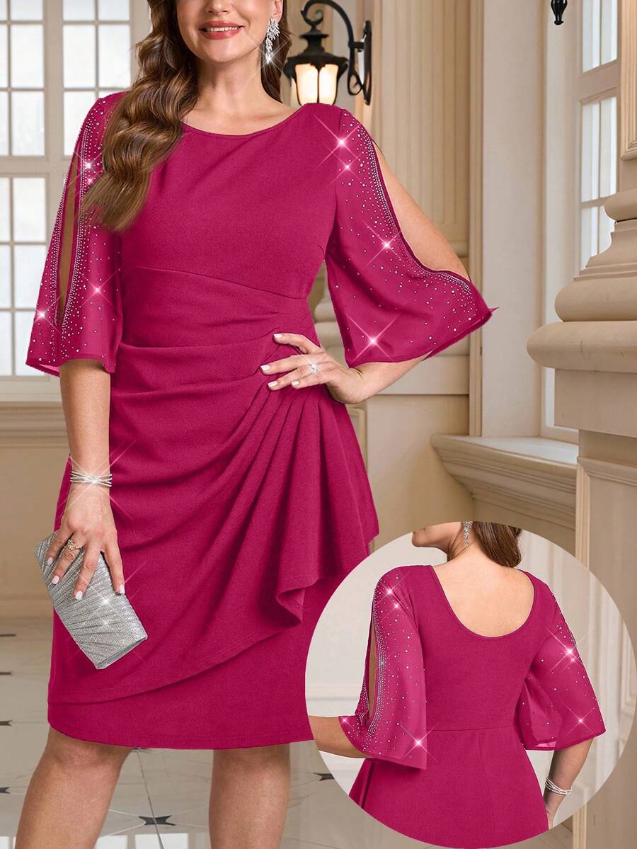 Reflora Plus Size Women Elegant Rhinestone Embellished Off-Shoulder Ruched Dress - Hot Pink - View 1