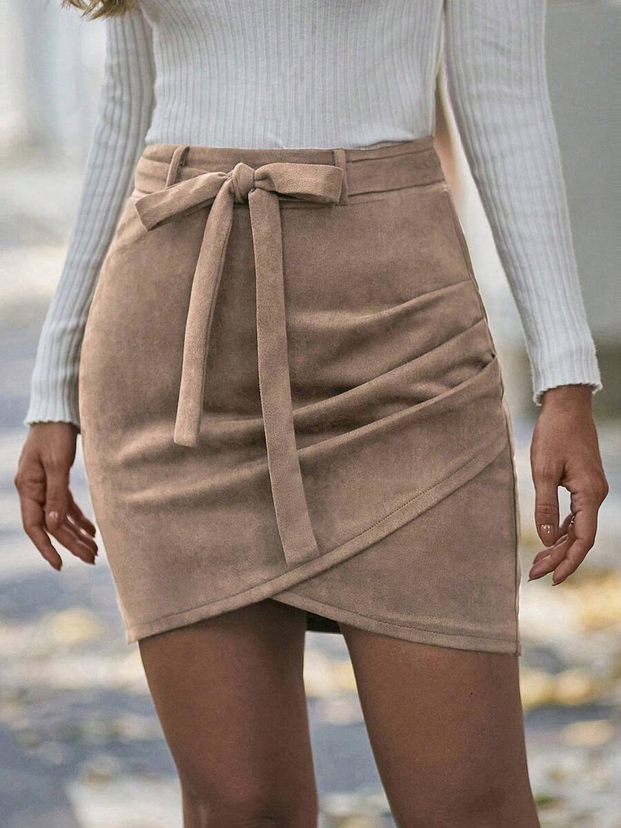 SHEIN LUNE Fashionable Solid Color Wrap Around Skirt, Autumn - Khaki - View 1