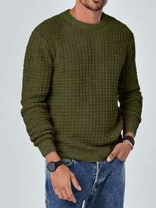 SHEIN Cottnline Men's Casual Basic Modest Everyday Semi Formal Vacation Commute Simple Solid Color Textured Knit Sweater Fall Men Top Olive Green - Army Green - View 3