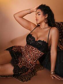 SHEIN Váy ngủ hai dây lưới tương phản họa tiết ren họa tiết da báo gợi cảm dành cho nữ - Nhiều màu - Xem 4