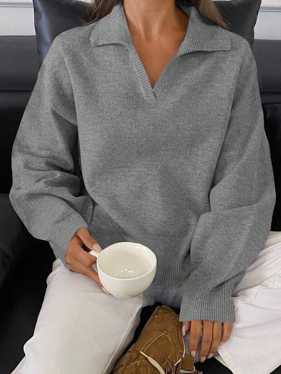 DAZY 女式宽松翻领长袖套头衫休闲街头针织毛衣,纯色,秋冬 - 灰色 - 查看 1