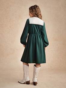 青少年女孩休闲花卉刺绣灯笼袖连衣裙 - 墨綠色 - 查看 2