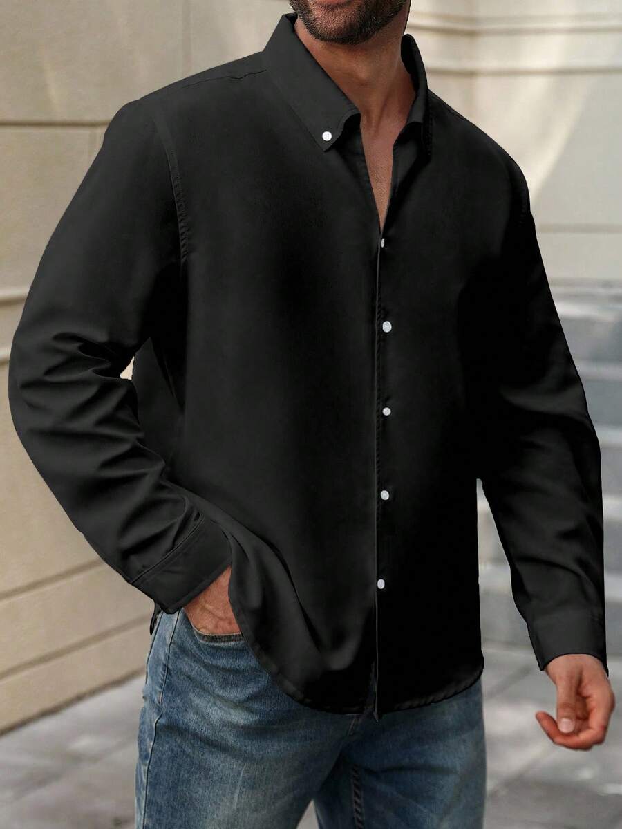 Manfinity Homme Plus Size Men's Solid Color Casual Long Sleeve Shirt - Black - View 1