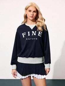 Gameset SHEIN Sport 女式休闲日常字母图案运动衫，秋季 - 藏蓝色 - 查看 3