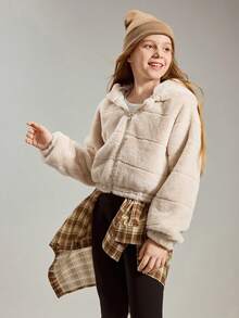 SHEIN Dziewczęca, swobodna, modna, specjalna, tkana, pluszowa, w paski, z sierścią królika, z elastycznymi mankietami i dołem, krótka kurtka z kapturem, podszewka z tkanej tkaniny, dopasowany krój, wygodna na jesień/zimę, na co dzień, do pracy, na zewnątrz, na imprezę, na sesję zdjęciową, na zakupy