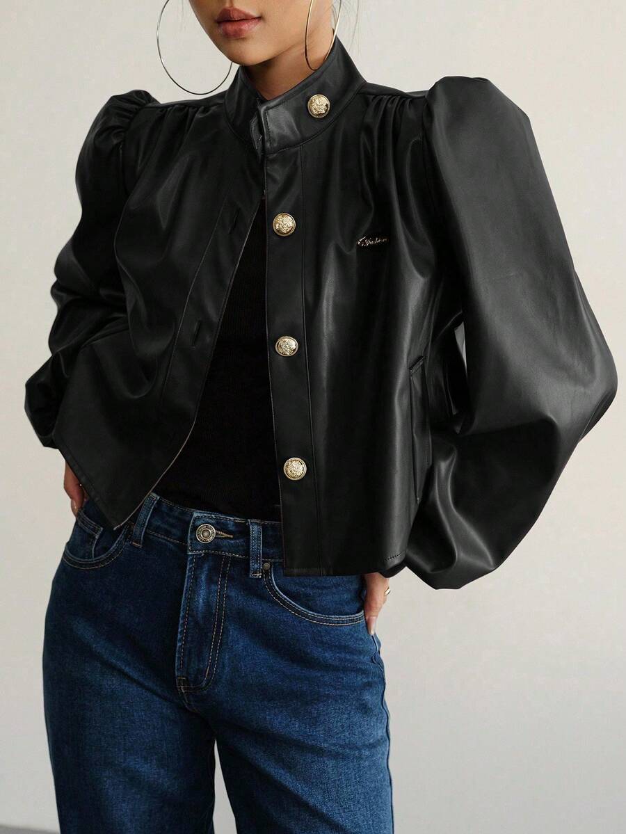 Aidyla 女士PU皮长袖休闲纽扣衫，秋冬季时尚百搭，可搭配常规外套 - 黑色 - 查看 1