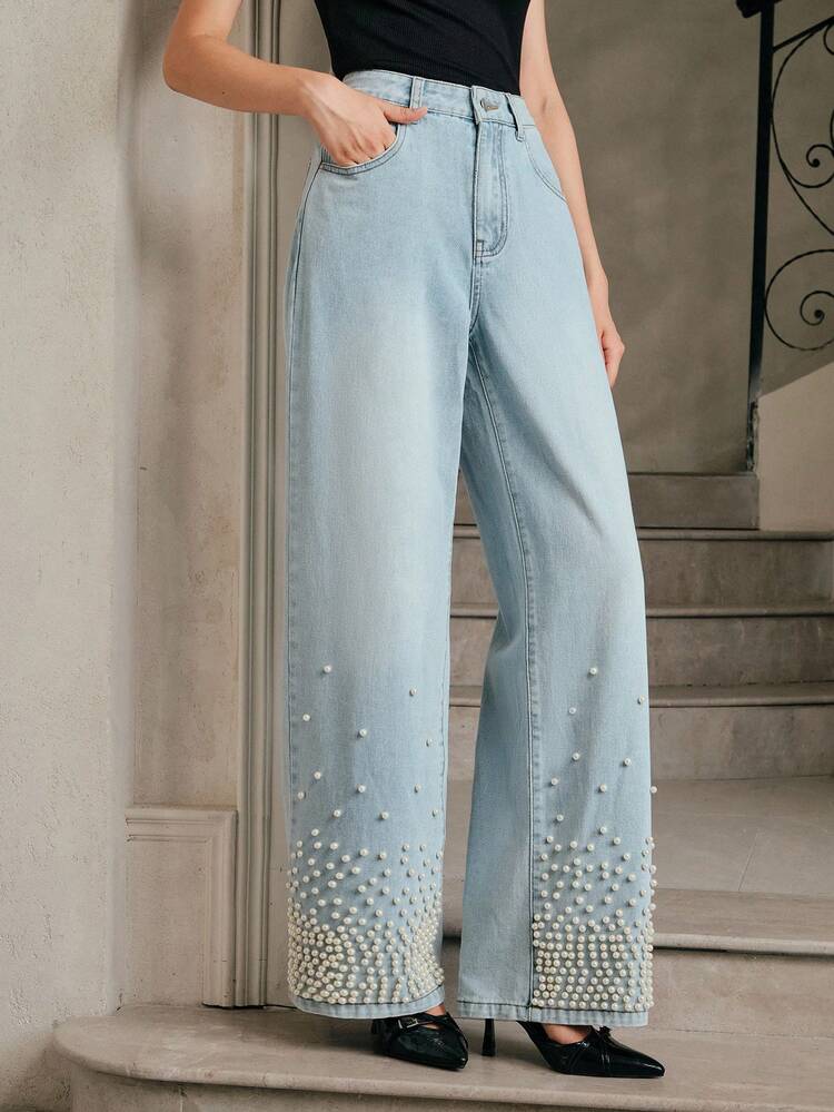 Fashionable Embellished Bubble Pearl Women's Blue Jeans