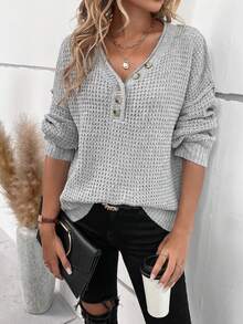 SHEIN LUNE Casual Solid Color Drop Shoulder Sweater, Autumn/Winter - Grey - View 1