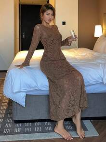 DAZY Sexy transparentes spitzenbesetztes lang geschnittenes Nachthemd für Frauen - Kaffeebraun - Übersicht 4