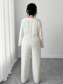 Elenzga 大码格子短外套和直筒裤两件套 - 白色 - 查看 2