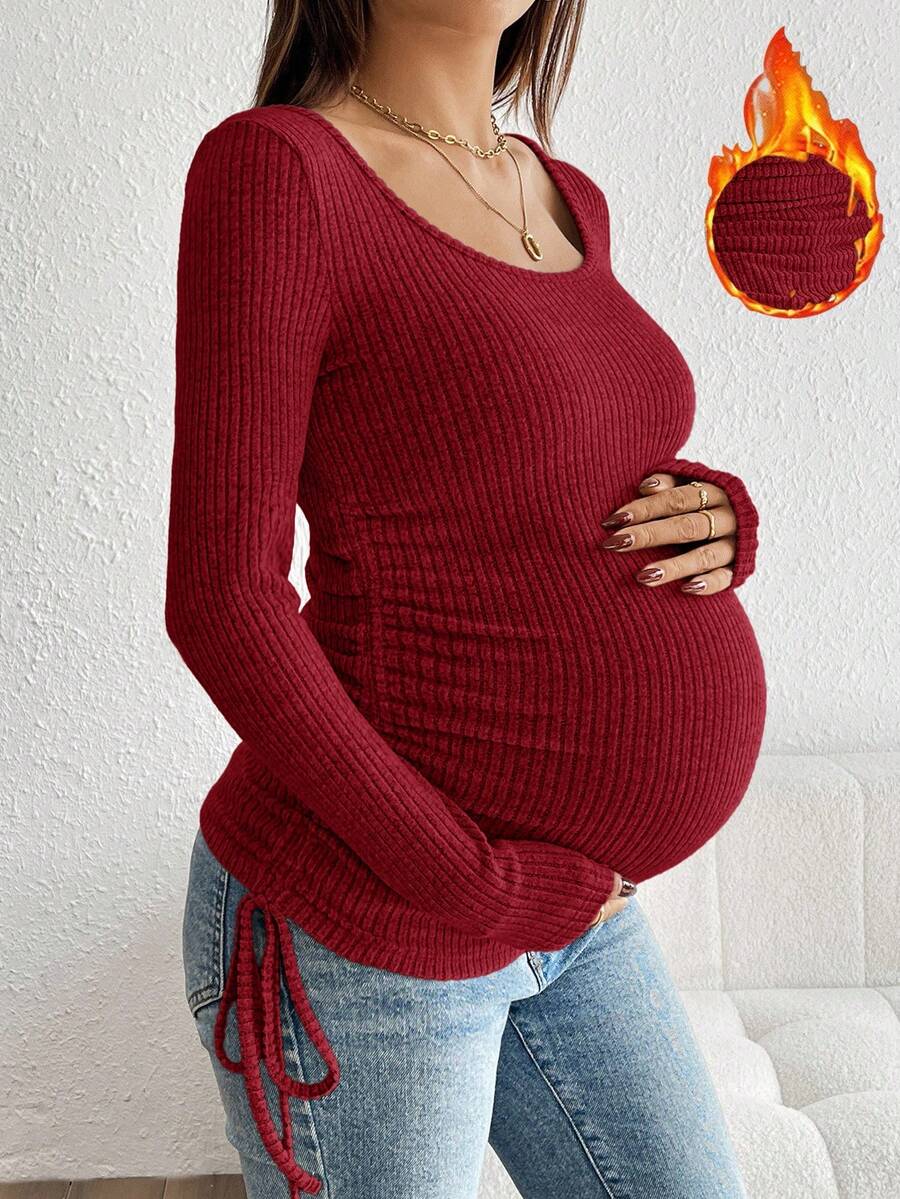 SHEIN Drawstring Ruched Maternity Solid Color Round Neck Drop Shoulder Long Sleeve Top - Burgundy - View 1