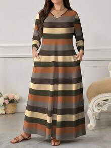 Lacomfia 女式复古条纹数码印花休闲圆领长袖口袋长裙，时尚优雅 - 彩色 - 查看 1