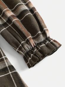 青少年女孩宽松休闲简约舒适翻领格子长袖连衣裙 - 卡其色 - 查看 4