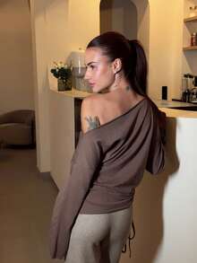 Women Casual Solid Asymmetric Collar Drawstring Top, Autumn - Brown - View 2