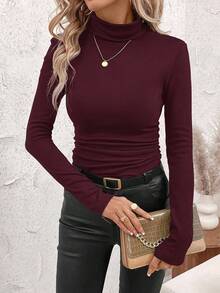 SHEIN Clasi Women's Stand Collar Gathered Waist Fleece Warm T-Shirt,Red Top,Christmas,Red Tops For Women - Burgundy - View 4