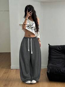 SHEIN Tall CURVE 加大码女式街头休闲装 加大码松紧腰带舒适灰色弯刀裤 - 灰色 - 查看 6