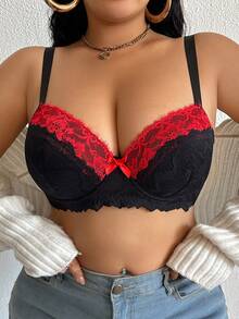 1 件浪漫蕾丝拼接性感提升增强钢圈加大码文胸 - 彩色 - 查看 1