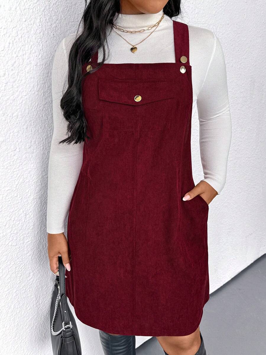 Elenzga Plus Size Women's Solid Color Strap Dress, Versatile Casual, Elegant & Loose Fit, Suitable For Valentine's Day & Christmas, Autumn/Winter - Burgundy - View 1