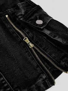 ROMWE Kawaii Chân váy denim mini cạp thấp có khóa kéo cổ điển Y2K - màu đen - Xem 5