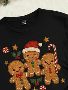 Manfinity Homme Plus Size Men's Casual Christmas Gingerbread Man Embroidered Graphic Slim Fit Short Sleeve T-Shirt - Black - View 2