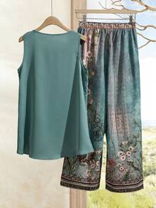 EMERY ROSE 女士夏季套装，包括不对称下摆上衣和印花阔腿裤 - 彩色 - 查看 2