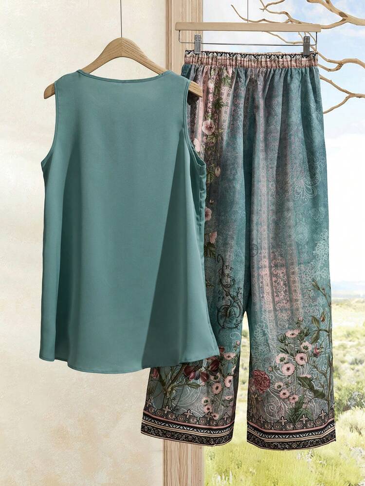 Women's Summer Set With Asymmetrical Hem Blouse And Floral Wide-Leg Trousers