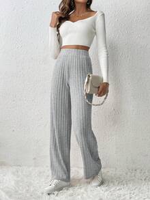 SHEIN Frenchy Women's Long Rib-Knit Straight Leg Pants In Light Grey Fabric Wide Leg Pants Summer - Light Grey - View 3
