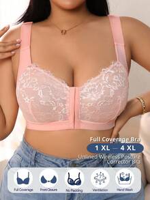1pc Plus Size Women Lace Patchwork Wireless Bra, Comes With Round Adhesive Nipple Covers - Coral Pink - View 6
