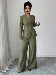 SHEIN Elenzya Women's Military Green Stand Collar Poncho Design V-Neck Waist Cinched Long Sleeve Jacket, Loose Straight Leg Pants Suit, Professional Outfit, Elegant Vibe, Fashionable Autumn Essential, Versatile 3-Piece Set - Army Green - View 5