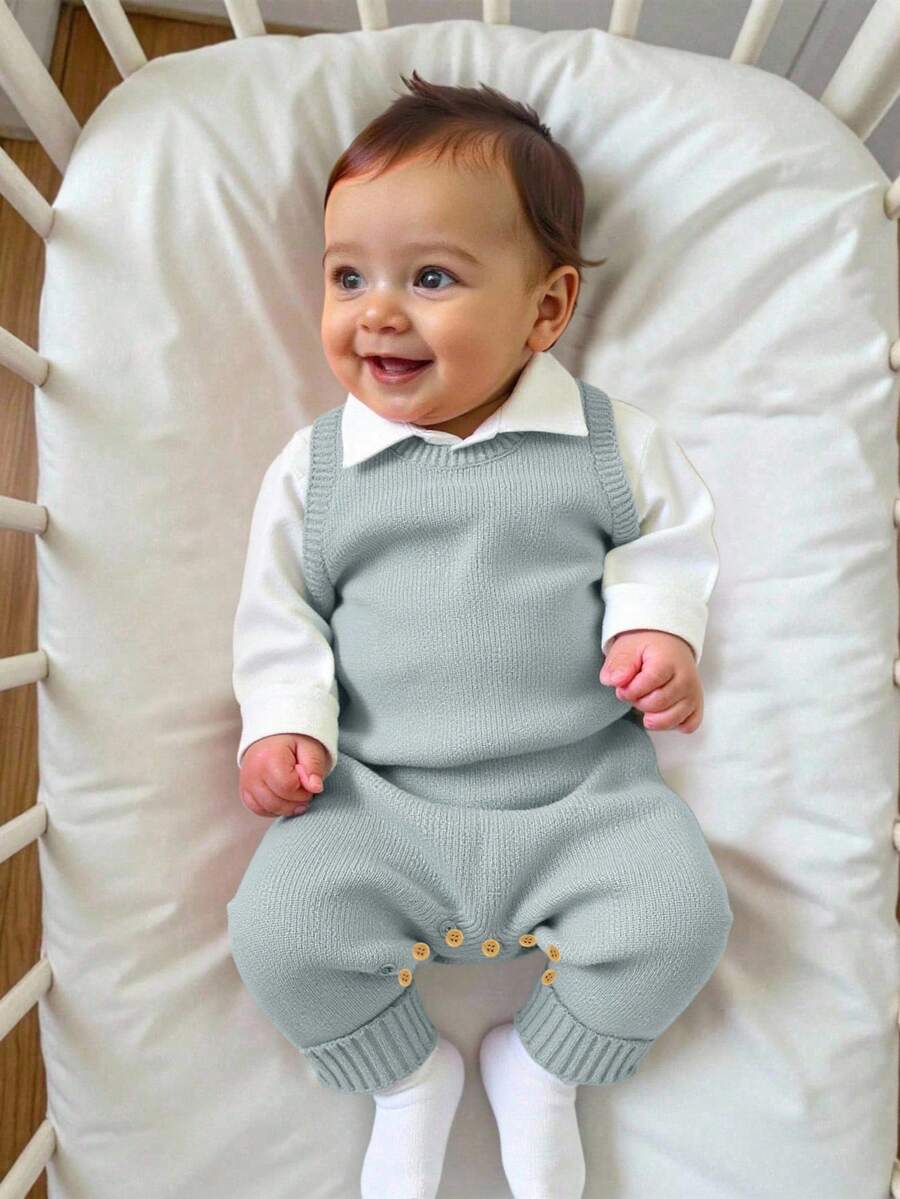SHEIN Green Baby Romper | Vest Jumpsuit, Casual Minimalist Daily Style, Soft & Comfortable Bodysuit For Crawling Infants Fall Winter - Blue - View 1
