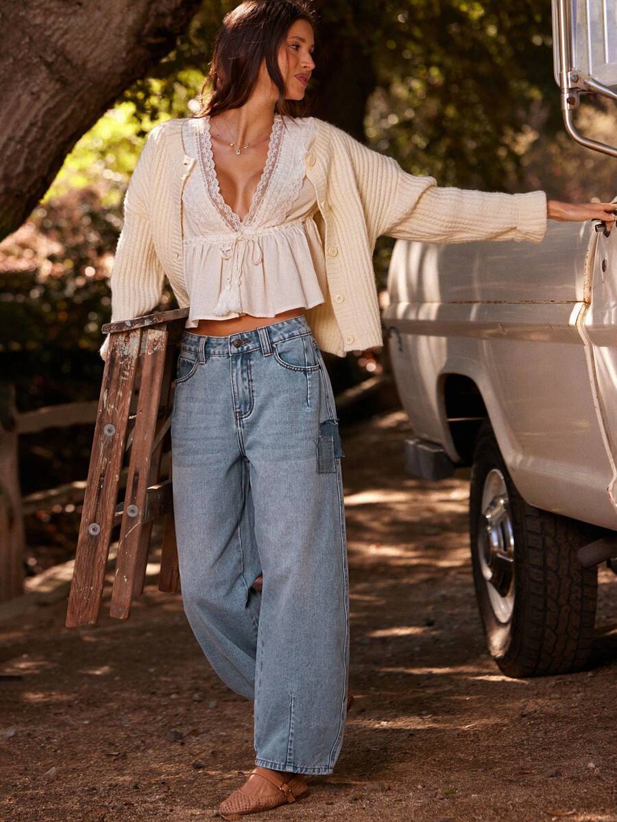 WESTFADE Jeans de tiro alto y pierna acampanada de mezcla de algodón con patchwork, para otoño, invierno, estilo bohemio, casual, lindo, país y western - Azul lavado medio - Ver 1