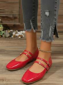Bailarina para mujer charol brillante+punta cuadrada+doble correa+suela plana+estilo clásico elegante+trabajo diario+zapatos planos - Rojo - Ver 2