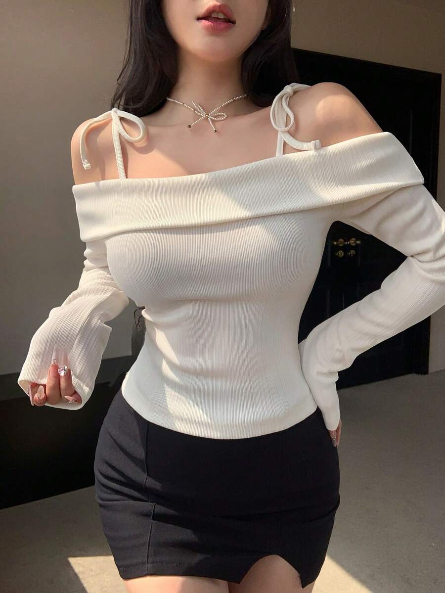 DAZY 女式露肩系带 T 恤，黑色，春夏 - 米色 - 查看 1