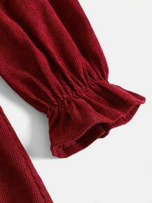 Gaun Elegan Lengan Panjang Berlipit dengan Hiasan Ruffle Patchwork Corduroy untuk Remaja Perempuan, Kasual dan Chic, Cocok untuk Musim Gugur/Dingin - Merah - View 4