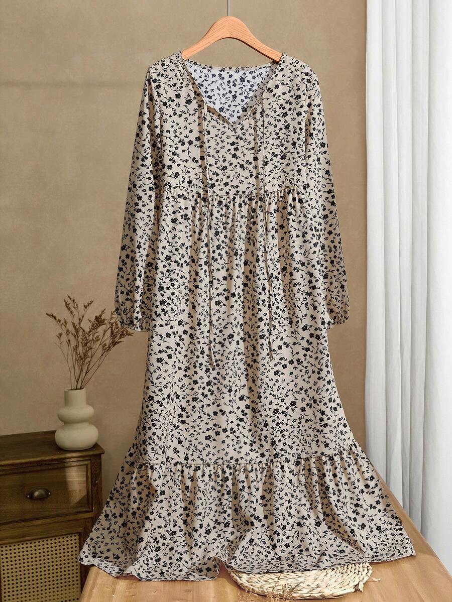 Rusticease 女式拼布碎花系带领荷叶边下摆连衣裙 - 彩色 - 查看 1