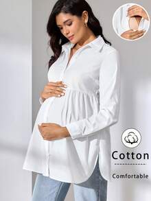 MaterniWear 办公室、商务孕妇工作服休闲纯色哺乳上衣，适合孕妇，秋季哺乳期孕妇棉质衬衫 - 白色 - 查看 3
